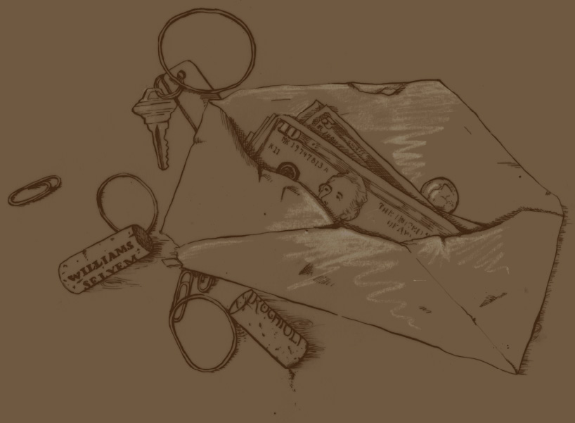 sketch of money in an envelope and keys