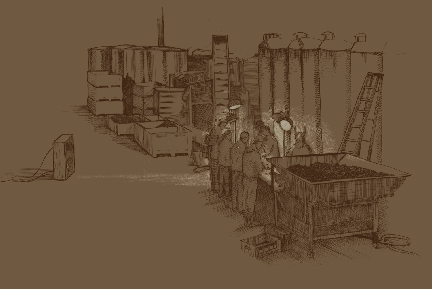 sketch of workers inthe winery